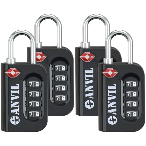 ANVIL TSA Approved Luggage Lock - 4 Digit Combination, 10,000 Combinations, Easy-Read Password Window, Travel Lock for Suitcases, Backpacks, Gym & Student Lockers, Baggage - color: BLACK 4 PACK