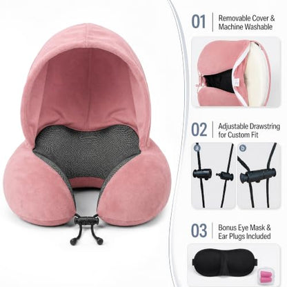 Travel Neck pillow for Airplane, with Large Hood Eye Mask Earplug and Bag - color: Pink