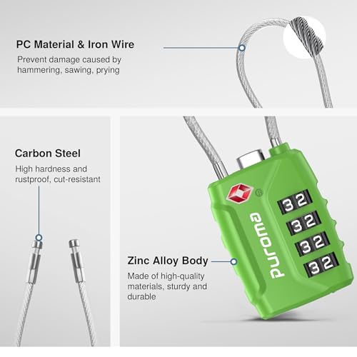 Puroma 2 TSA Approved Luggage Locks 4 Digit Code Cable Lock Basic Green - color: Basic Green