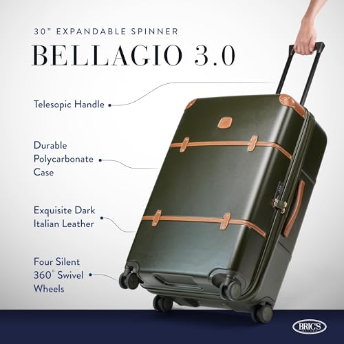 Bric's Bellagio 3.0 Spinner Trunk- Luxury Hardshell Check In Luggage with Large Wheels, Telescopic Handle, Leather Detailing - Expandable Rolling Suitcase - 30", Black - color: Black, size: 30" Checked-Large