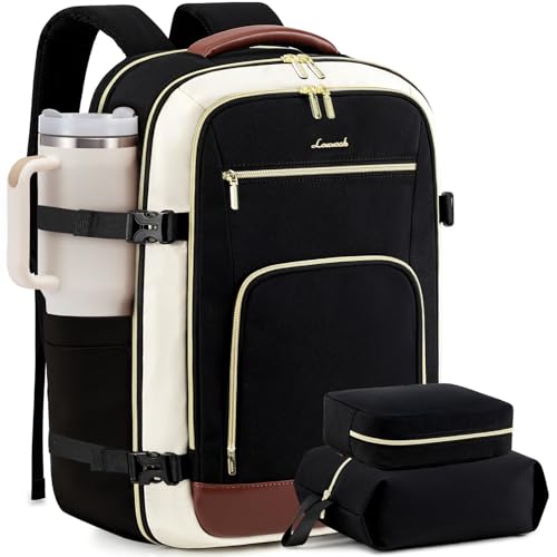 LOVEVOOK Carry On Travel Backpack for Women Flight Approved, 40L Large Personal Item Backpack Travel Bag for Airplanes, Business 17 Inch Laptop Backpack, Weekender Overnight Daypack, with 2 Cubes - color: Black-beige-brown, size: 40l-17.3 Inch-3pcs Standa