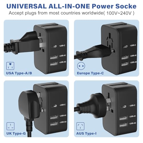 EFISH International Travel Plug Adapter,Universal AC Power Plug Converter - size: Black Travel Plug Adapter(2 USB A+1 USB C)