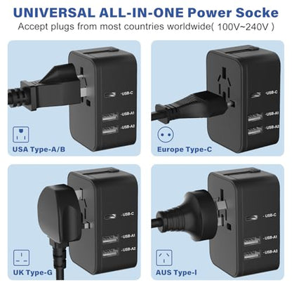 EFISH International Travel Plug Adapter,Universal AC Power Plug Converter - size: Black Travel Plug Adapter(2 USB A+1 USB C)