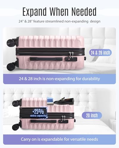 LIGHT FLIGHT Luggage Sets 3 Pcs Suitcase with Wheels, 20"/24"/28", Pink - color: Pink