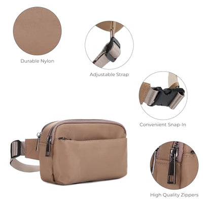 Jessie & James Crossbody Nylon Waist Pack with Adjustable Buckle Strap Fashion Multi Pocket Belt Bag | Camel - color: Camel