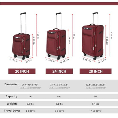 WireHot 3-Piece Softside Expandable Luggage Set, Burgundy, 20in/24in/28in - color: Burgundy