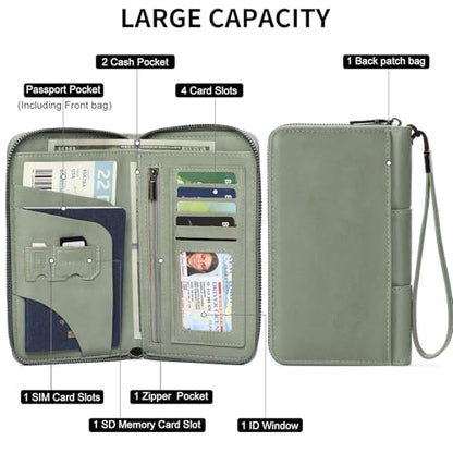 RFID Blocking with Zipper Travel Passport Wallet,Travel Document Organizer for Men and Women Family Holder with Wrist Strap - color: Light Green