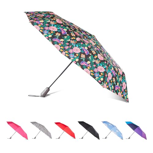 Totes Auto Open/Close Windproof Ultimate Compact Umbrella with UV and Water Repellent Protection - color: Black Floral, size: 43" Canopy