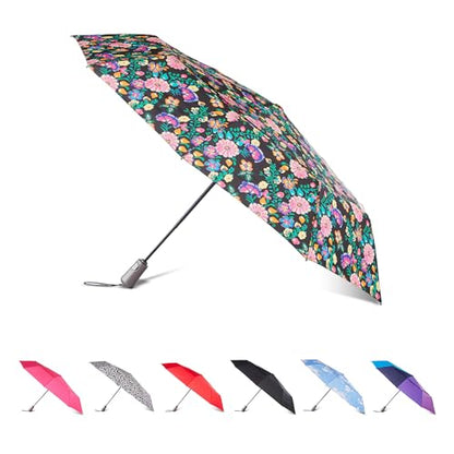 Totes Auto Open/Close Windproof Ultimate Compact Umbrella with UV and Water Repellent Protection - color: Black Floral, size: 43" Canopy