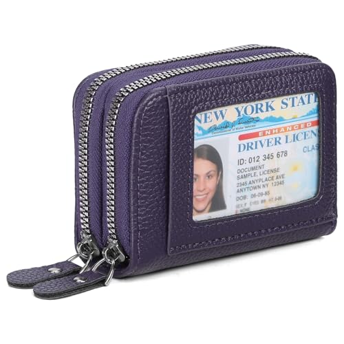 RNIEGA Credit Card Holder Wallet RFID Blocking Leather Small Wallet for Women Double Zipper Wallet with ID Window - color: A-Dark Purple