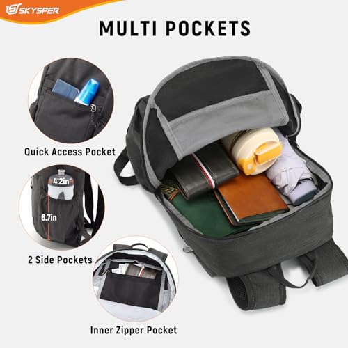 SKYSPER Anti Theft Hiking Backpack, 18L RFID Packable Travel Daypack, Lightweight Foldable Back Pack for Walking Daytrip - color: Black, size: Small