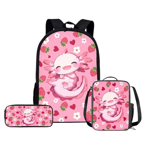 3PCS Kids School Bag Strawberry Axolotl Backpack for Girls with Lunch Box, Pencil Case - Cute Bookbags for Age 5-8 Kindergarten to Elementary School Student Back Pack, Pink - color: Axolotl Strawberry B