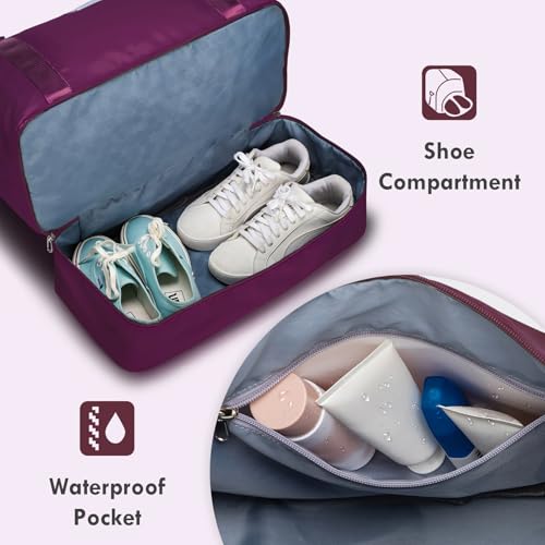 WOOMADA Weekender Overnight Bag for Women, Shoulder Travel Duffel with Shoes Compartment,Gym Bag with Toiletry Bag - color: Purple