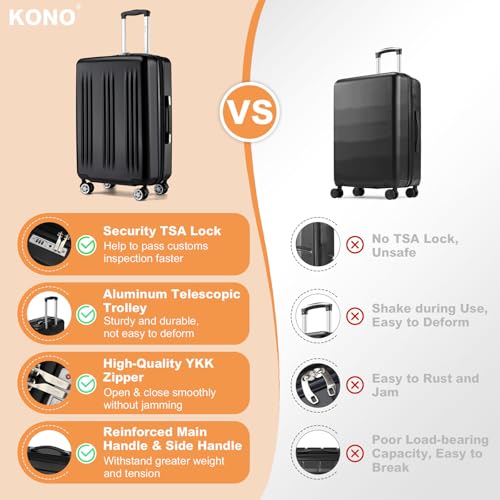 Kono 3 Piece Luggage Set 20/24/28inch Hardshell Expandable TSA Locks, Black - color: Black, size: 3 Piece Set (20"/24"/28")