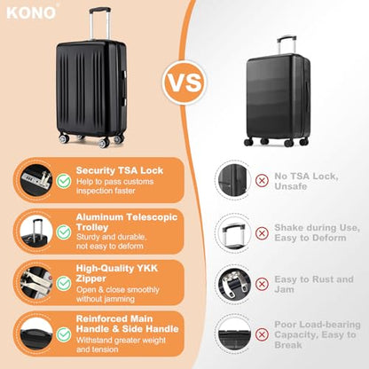 Kono 3 Piece Luggage Set 20/24/28inch Hardshell Expandable TSA Locks, Black - color: Black, size: 3 Piece Set (20"/24"/28")
