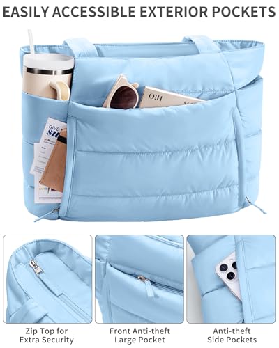 Bagstellar Puffer Tote Bag for Women, Lightweight Puffy Travel Gym Work Bag - color: Denim Blue