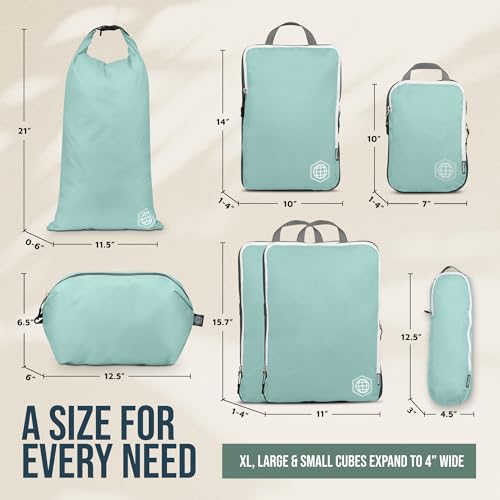 TRIPPED Travel Gear Large Compression Packing Cubes 7-Piece Set for Travel - color: DustyTeal/White