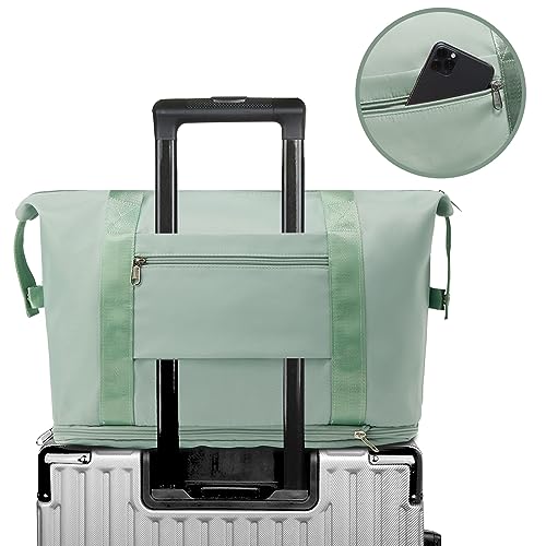 ZGWJ Travel Tote Bags, Expandable Overnight Weekender Bag for Women Foldable Carry-On - color: Green