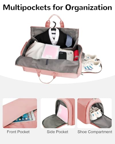 47L Large Convertible Garment Duffel Bag with Shoe Compartment for Women, Carry On Travel Bag, Pink