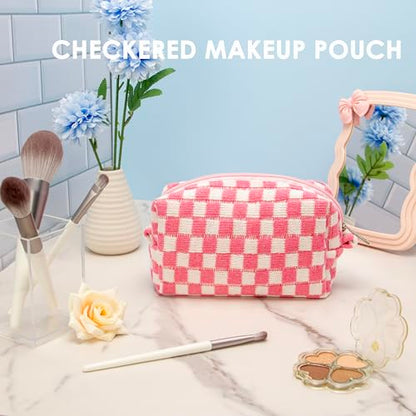PAZIMIIK Checkered Makeup Bag for Purse, Small Travel Cosmetic Pouch,Pink - color: Pink