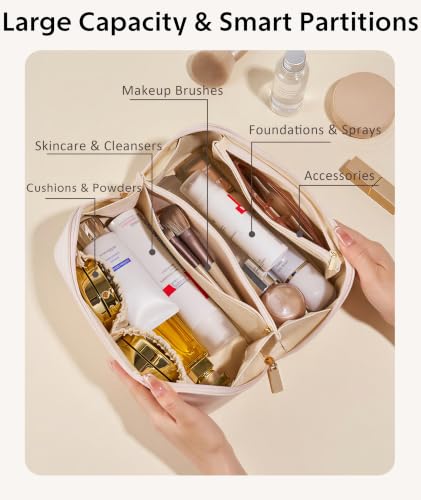 ALEXTINA Travel Makeup Bag, PU Leather Cosmetic Bag, White - color: smooth white, size: Medium