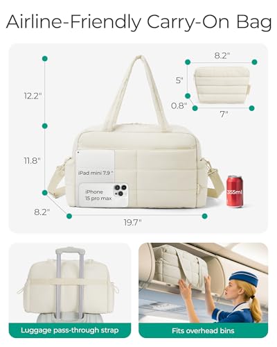 BAGSMART Gym Bag for Women, 2-PC Puffer Travel Duffle Bag Carry On Tote Bag - color: Beige