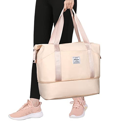 Travel Duffel Bag Carry On Overnight Weekender Bags for Women Hospital Tote - color: A116-beige-expandable, size: X-large