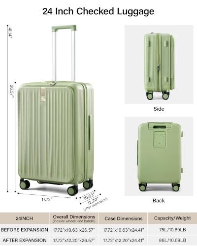 Hanke Top Opening 24" Medium Suitcase Expandable Hard Shell Bamboo Green - color: Bamboo Green, size: 24 Inch EXT