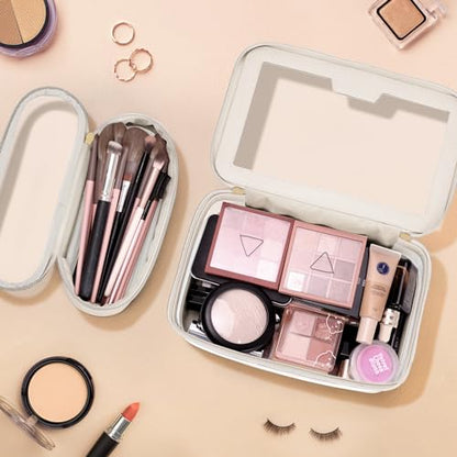 Soimeat Travel Clear Makeup Bag with Makeup Brush Bag, Leather Make up Case Toiletry Bag, Portable Cosmetic Bag Case, Transparent Waterproof Cosmetic Organizer Storage Bag for Women, Off-White - size: L
