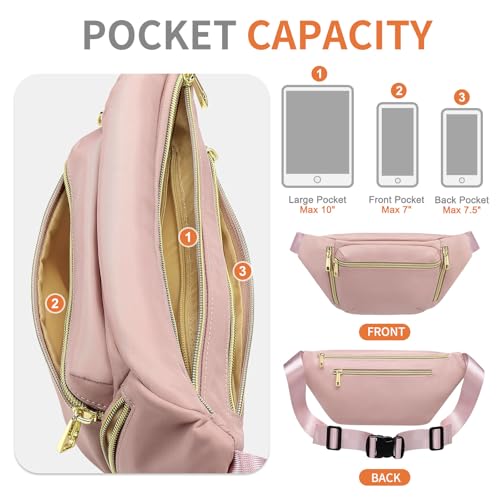 Crossbody Fanny Pack with 5-Zipper Pockets Waterproof, Pink - color: Pink
