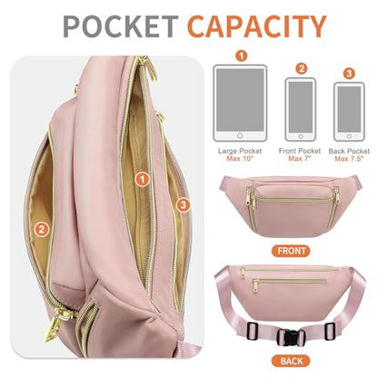 Crossbody Fanny Pack with 5-Zipper Pockets Waterproof, Pink - color: Pink