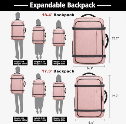 Expandable 1-7 DAYS Travel Backpack Anti Theft Water Resistant - color: Pink, size: 18.4inch - 23.2"x14.9"x9.4"(+3.5")