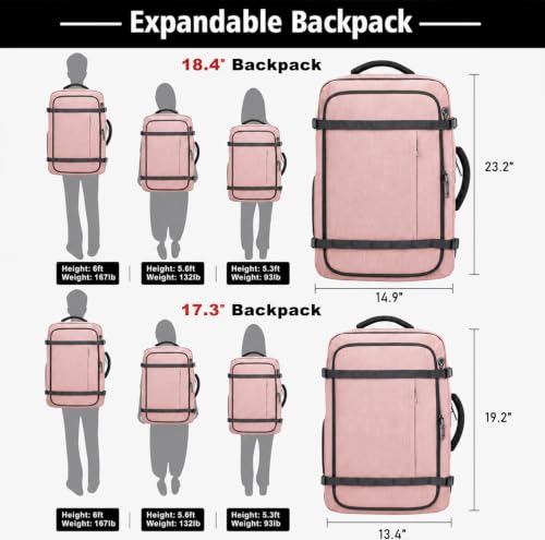 Expandable Flight-Approved Travel Backpack 35-45L with LifetimeWarranty - color: Pink, size: 17.3inch - 19.2"x13.4"x7.9"(+2.7")