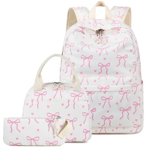 LEDAOU Backpack for Girls School Bag Kids Bookbag Teen Backpack Set Daypack with Lunch Bag and Pencil Case - color: A-bow Tie Beige