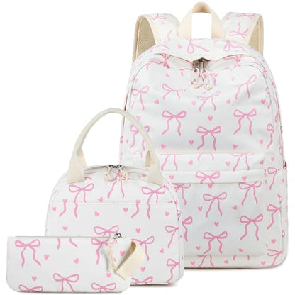 LEDAOU Backpack for Girls School Bag Kids Bookbag Teen Backpack Set Daypack with Lunch Bag and Pencil Case - color: A-bow Tie Beige