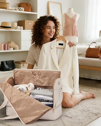 LOVEVOOK Garment Bags for Travel,Convertible Garment Bag for Women with Shoe Pouch,Carry on Duffel Bag with Toiletry Bag, 2 in 1 Hanging Suitcase Suit Bag,Waterproof Weekender Bags for Business Trip - color: Beige-Bean Green-Dark green