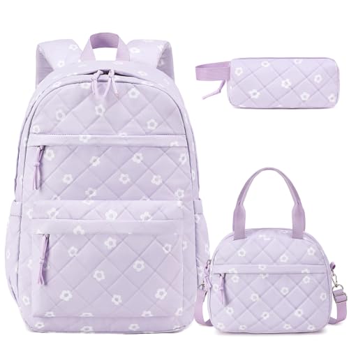 Quilted Backpack for Girls with Lunch Box Pencil Case - color: Purple Flowers