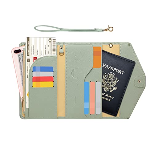 ZOPPEN Passport Holder Women Travel Wallet (Ver.5) for Women Rfid Blocking Passport Cover Case Document Organizer Wrist Strap - color: Hushed Green