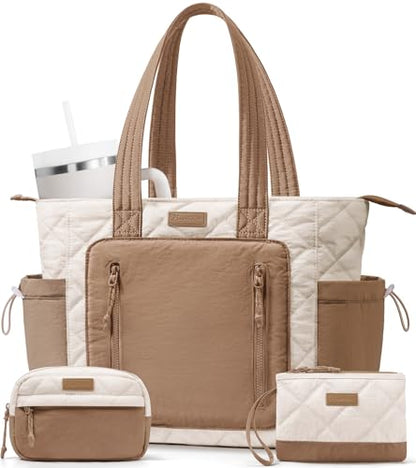 Bagstellar Puffer Tote Bag for Women, Lightweight Puffy Work Laptop Handbag - color: Cream-khaki