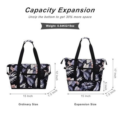 Expandable Duffel Bag for Women with Trolley Sleeve/Wet Pocket Weekender Travel Tote Large Carry On Overnight Luggage - color: Hibiscus
