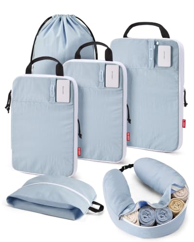 BAGSMART 6 Set Compression Packing Cubes with Fillable Neck Pillow - color: Light Blue