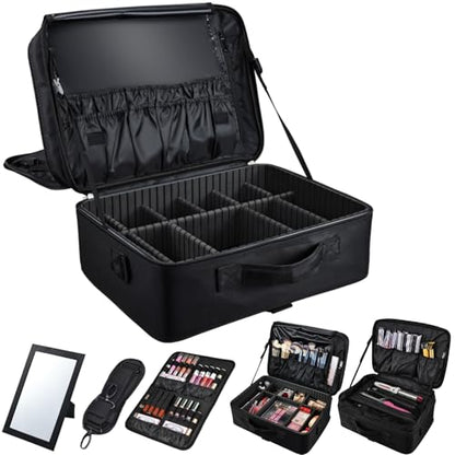 Large Makeup Bag, 3 Layers 17” Makeup Case Organizer with Mirror Professional Cosmetic Storage Backpack Box Travel Artist Carrying Vanity Bags with Brush Slot/Shoulder Strap/Attach to Suitcase - color: Backpack Black