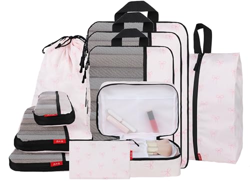 U+U 10 Set Compression Packing Cubes, Travel Organizers (Pink Bow) - color: Pink Bow, size: 10 Set