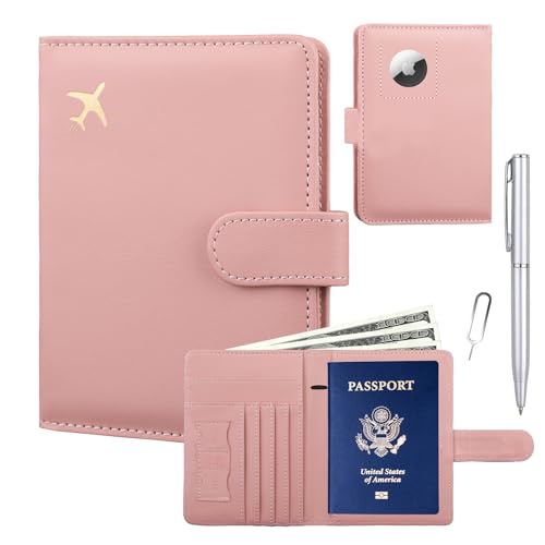GOAUS Passport Holder for Travel with AirTag Slot, Passport Book Wallet - color: Pink, size: 5.6"x4.4"