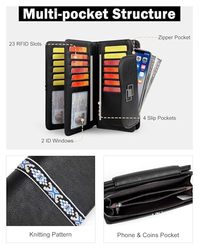 FADEON Leather Wallets for Women, Designer Large RFID Blocking Trifold - color: Black Retro Style