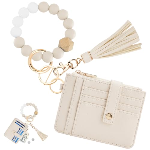 KNGITRYI Wristlet Wallet for Women,RFID Keychain Wallet with Beaded Strap - color: Beige
