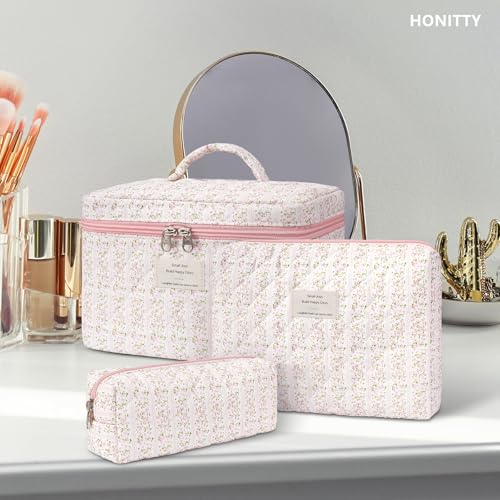 honitty Makeup Bag,Quilted Cosmetic Bags for Women - color: Pink flower
