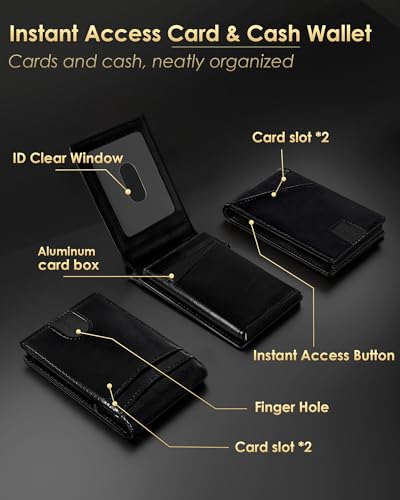 QLD Wallet for Men - RFID Blocking [Functional & Practical] Bifold Slim Minimalist Credit Card Holder Pop Up Metal Case with Cash Slot, Front Pocket with ID Window, Gift Boxed (BLACK) - color: Black