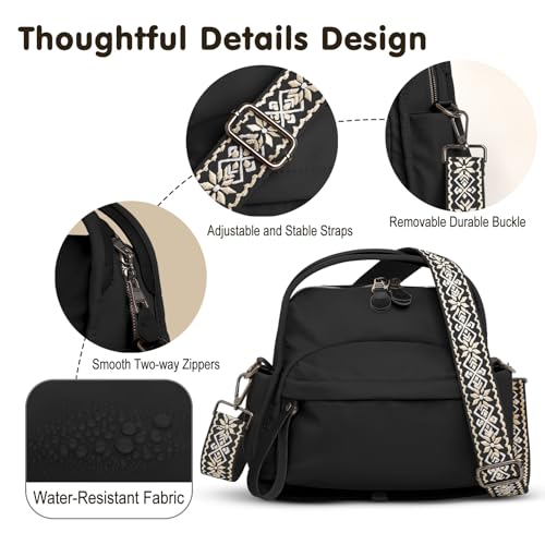 Nylon Top Handle Crossbody Bags for Women with 2 Adjustable Straps - color: Black