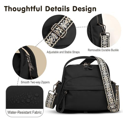 Nylon Top Handle Crossbody Bags for Women with 2 Adjustable Straps - color: Black